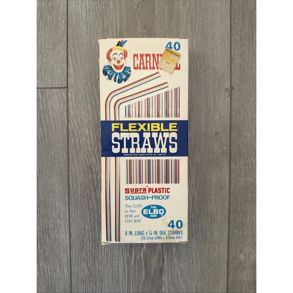 Plastic Carnival Flexible Straws VTG 1976 40 Box Clown NOS Prop Movie TV‎